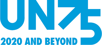 Blue logo with bold letters 'UN75' and the slogan '2020 AND BEYOND' underneath.